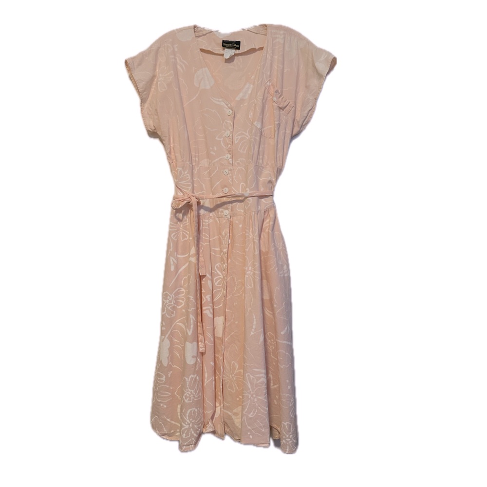 Vintage 80s pink cream floral print midi cotton dress